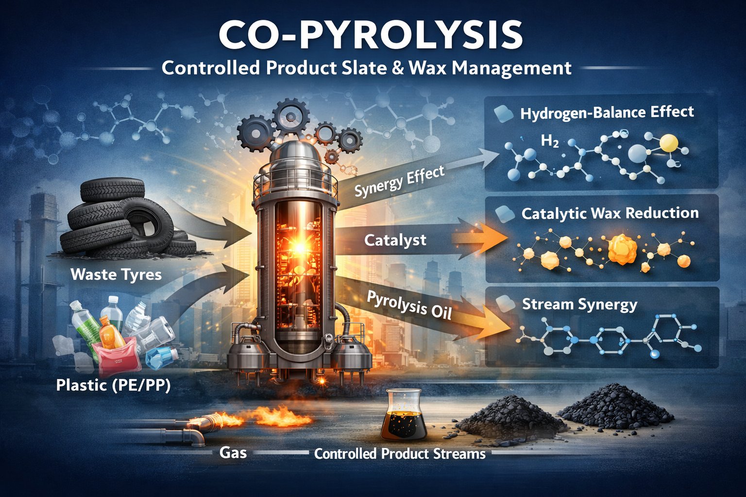 Co-pyrolysis controlled product slate